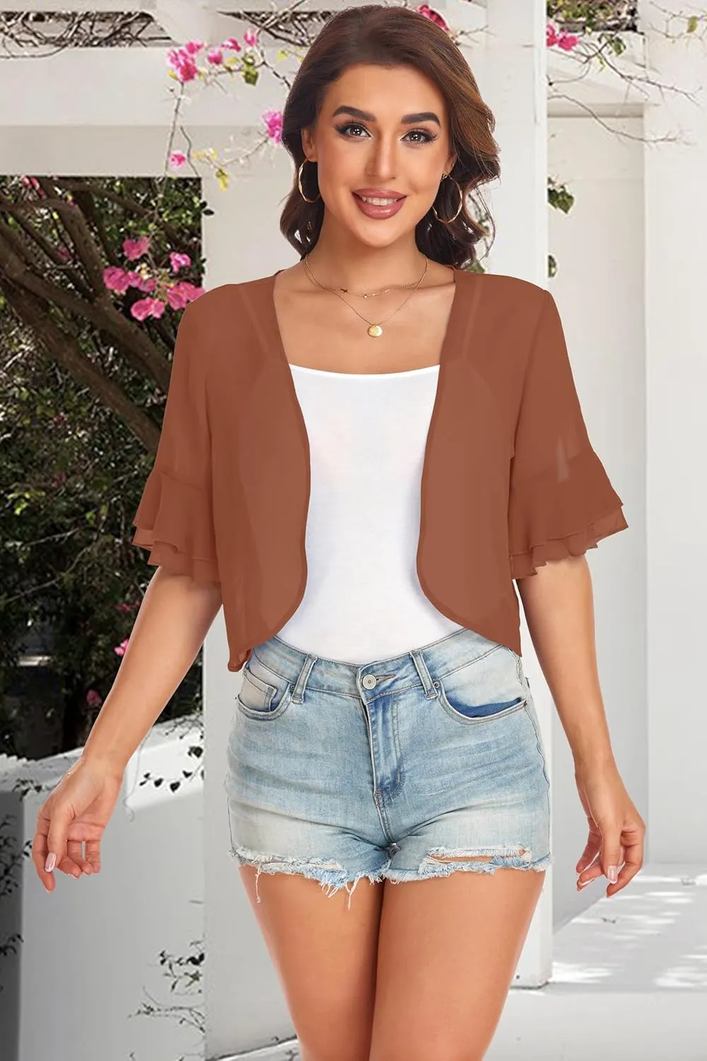 Women's Cardigan Bolero Shrug Ruffle Short Sleeve Open Front Loose Sheer Jackets for Tops