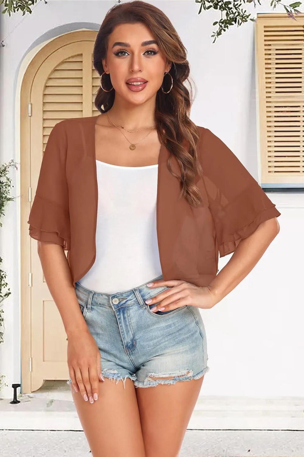 Women's Cardigan Bolero Shrug Ruffle Short Sleeve Open Front Loose Sheer Jackets for Tops