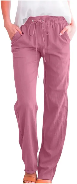 Women's Casual Cotton Linen Pants Summer Relax Fit Elastic Waist Straight Leg Comfy Solid Color Lounge Long Trouser