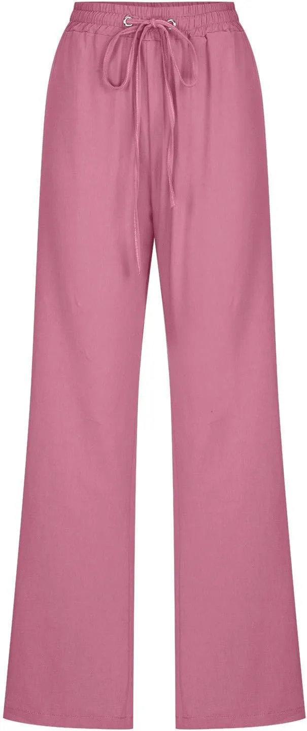 Women's Casual Cotton Linen Pants Summer Relax Fit Elastic Waist Straight Leg Comfy Solid Color Lounge Long Trouser