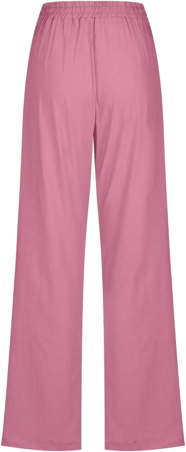 Women's Casual Cotton Linen Pants Summer Relax Fit Elastic Waist Straight Leg Comfy Solid Color Lounge Long Trouser