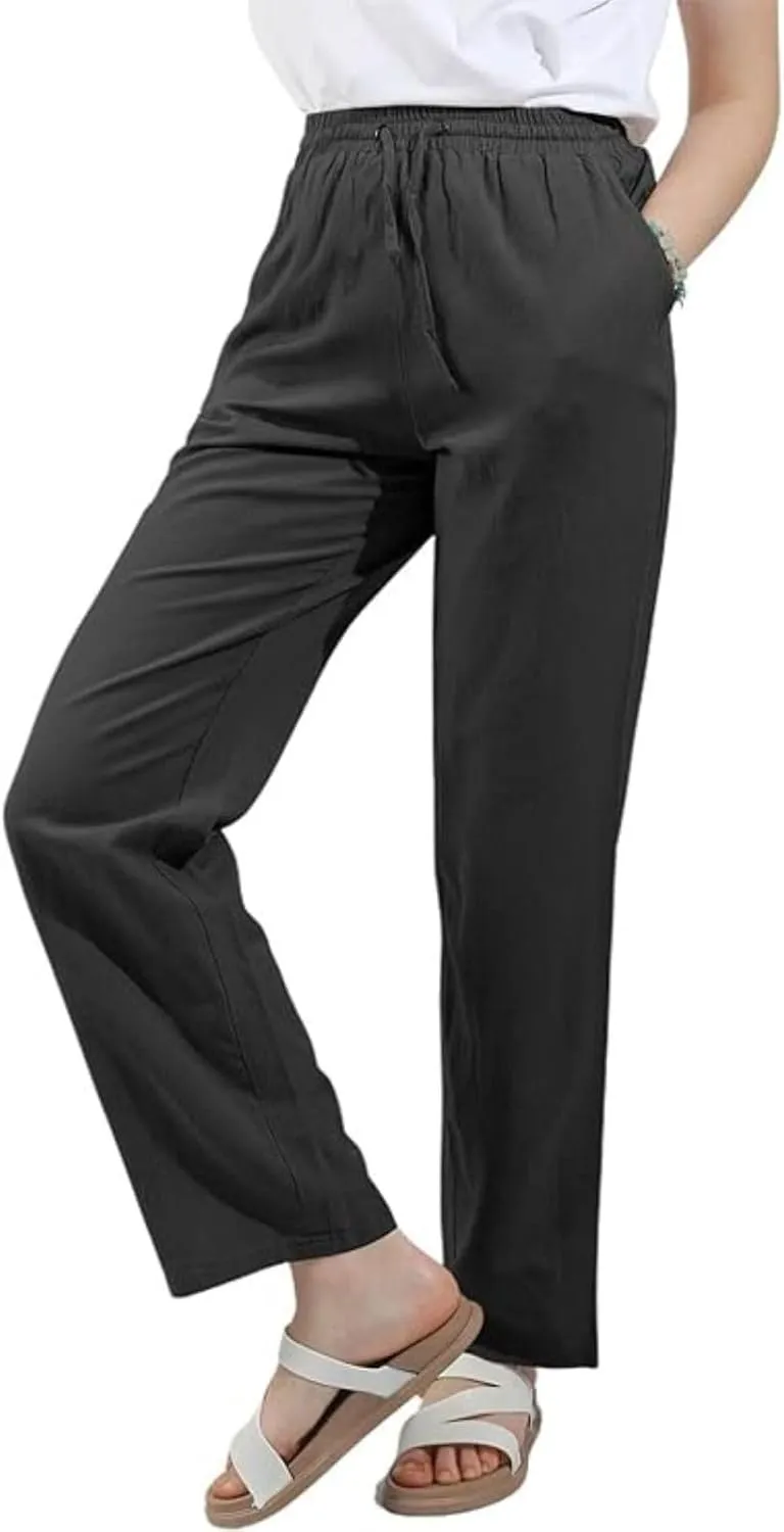Women's Casual Cotton Linen Pants Summer Relax Fit Elastic Waist Straight Leg Comfy Solid Color Lounge Long Trouser