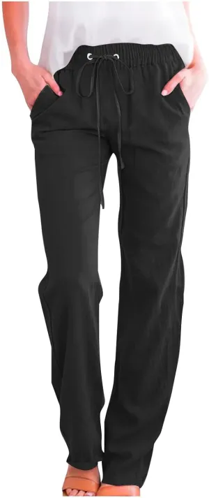 Women's Casual Cotton Linen Pants Summer Relax Fit Elastic Waist Straight Leg Comfy Solid Color Lounge Long Trouser