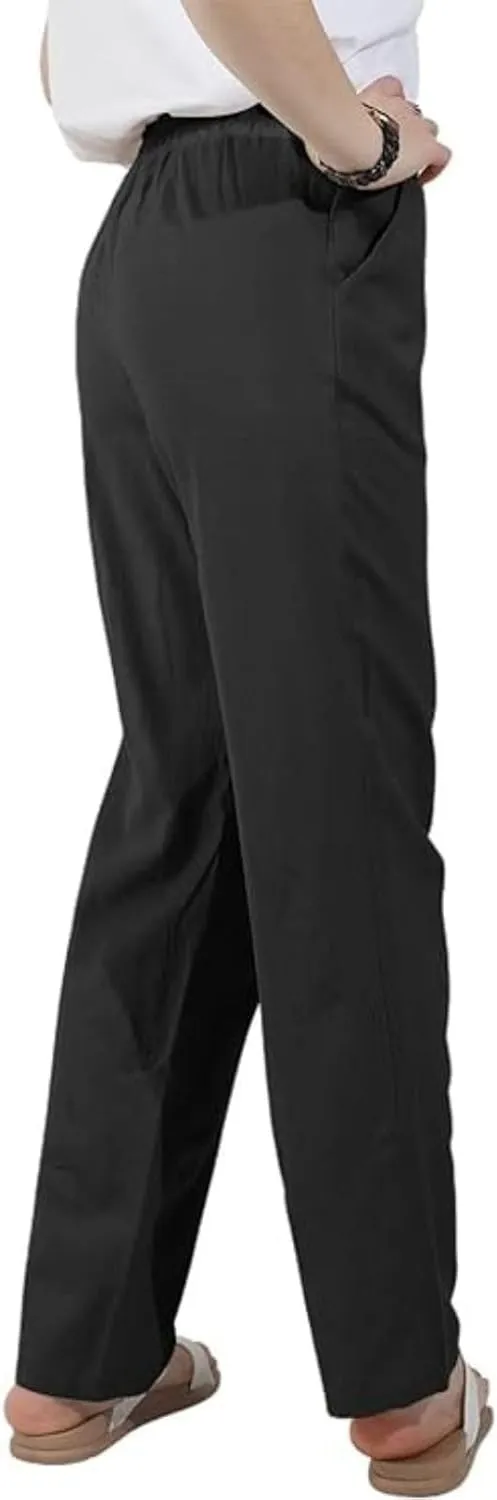 Women's Casual Cotton Linen Pants Summer Relax Fit Elastic Waist Straight Leg Comfy Solid Color Lounge Long Trouser