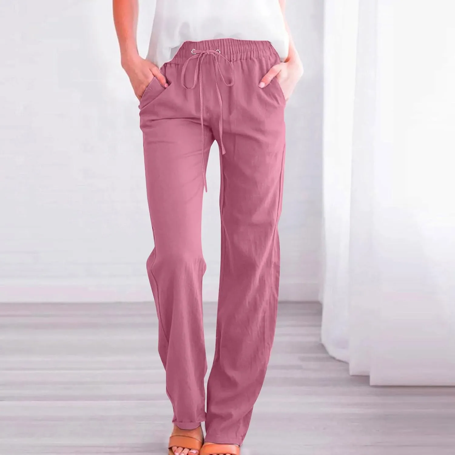 Women's Casual Cotton Linen Pants Summer Relax Fit Elastic Waist Straight Leg Comfy Solid Color Lounge Long Trouser
