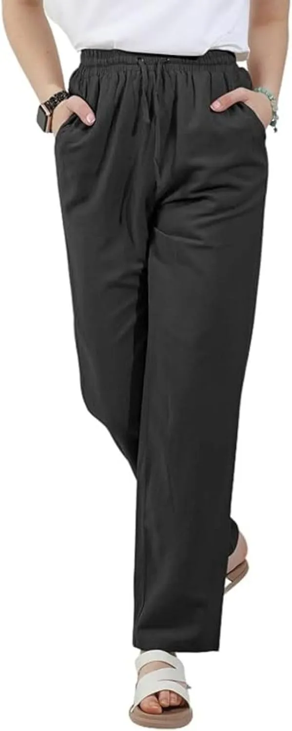 Women's Casual Cotton Linen Pants Summer Relax Fit Elastic Waist Straight Leg Comfy Solid Color Lounge Long Trouser