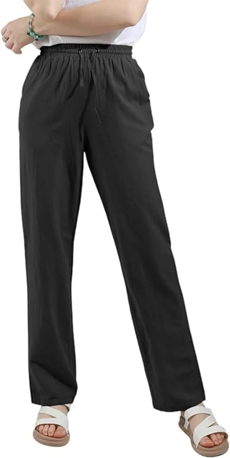 Women's Casual Cotton Linen Pants Summer Relax Fit Elastic Waist Straight Leg Comfy Solid Color Lounge Long Trouser