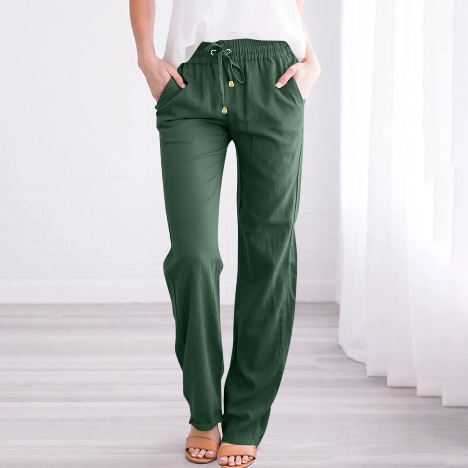 Women's Casual Cotton Linen Pants Summer Relax Fit Elastic Waist Straight Leg Comfy Solid Color Lounge Long Trouser