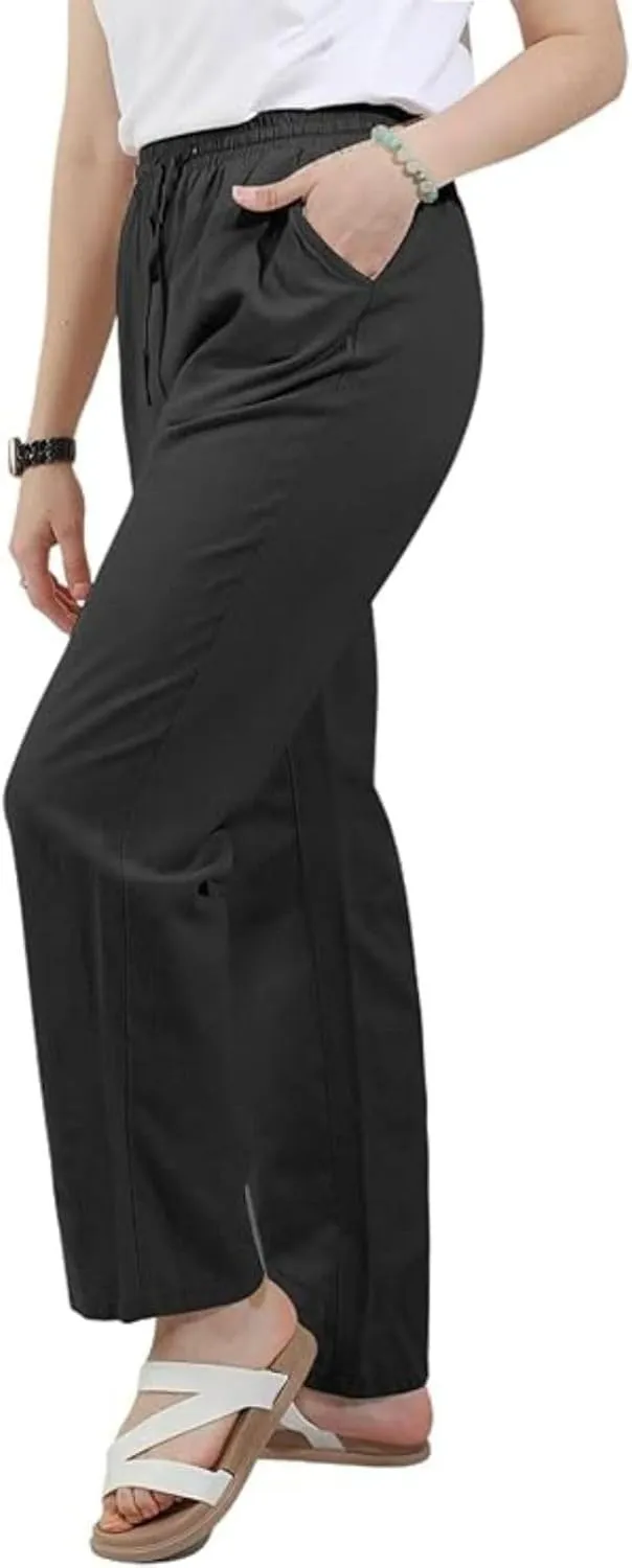 Women's Casual Cotton Linen Pants Summer Relax Fit Elastic Waist Straight Leg Comfy Solid Color Lounge Long Trouser