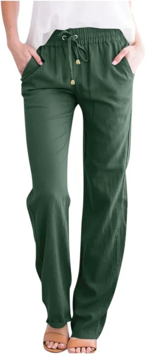 Women's Casual Cotton Linen Pants Summer Relax Fit Elastic Waist Straight Leg Comfy Solid Color Lounge Long Trouser