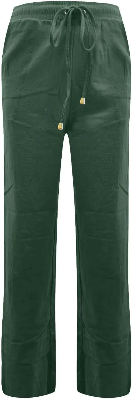 Women's Casual Cotton Linen Pants Summer Relax Fit Elastic Waist Straight Leg Comfy Solid Color Lounge Long Trouser