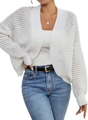 Womens Casual Crochet Hollow Out Open Front Long Sleeve Cardigan Spring 2025 Lightweight Ribbed Knit Cardigan