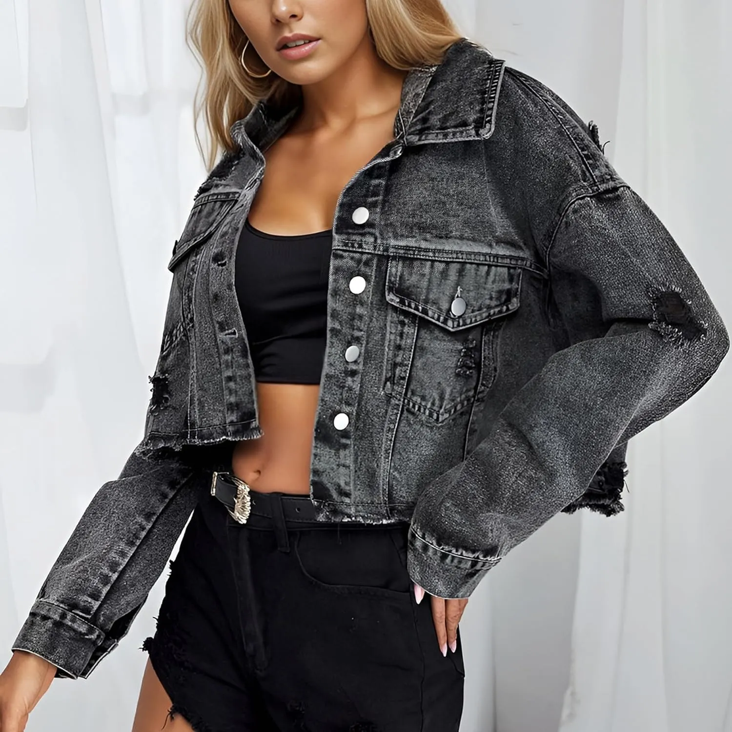 Women's Casual Cropped Denim Jacket Western Basic Lapel Button Up Long Sleeve Trucker Jean Jacket Biker Coat Tops