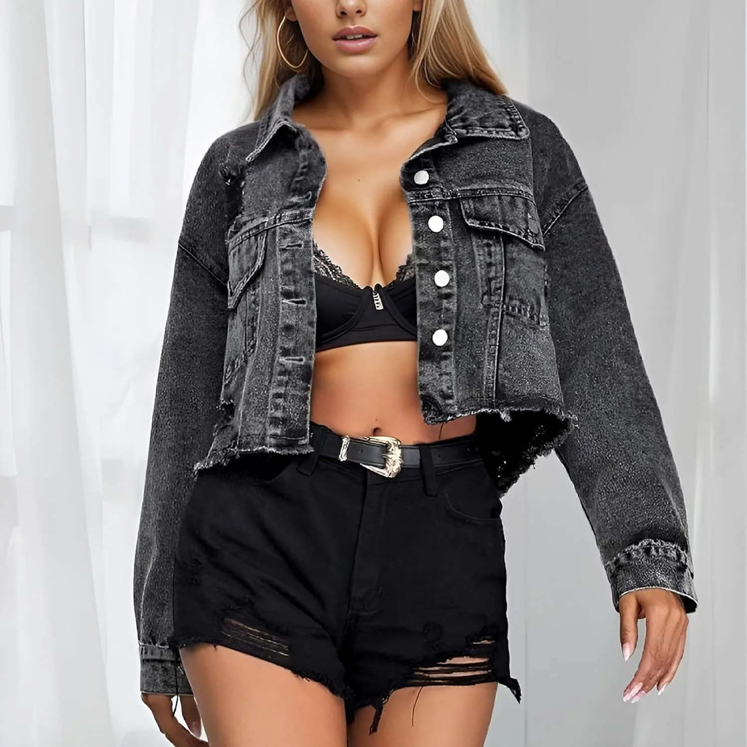Women's Casual Cropped Denim Jacket Western Basic Lapel Button Up Long Sleeve Trucker Jean Jacket Biker Coat Tops