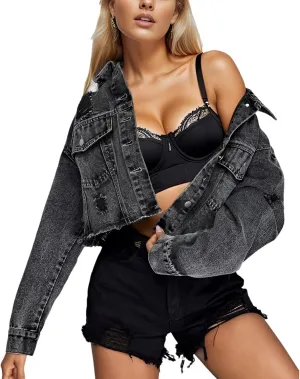 Women's Casual Cropped Denim Jacket Western Basic Lapel Button Up Long Sleeve Trucker Jean Jacket Biker Coat Tops