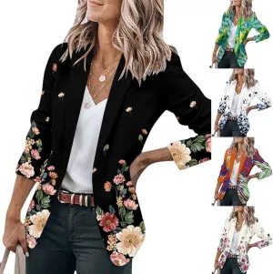 Womens Casual Floral Blazers Open Front Long Sleeve Work Office Jackets Coat Black X-Large