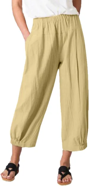 Women's Casual Linen Elastic Waist Tapered Pants Summer Casual Cropped Trousers with Pockets