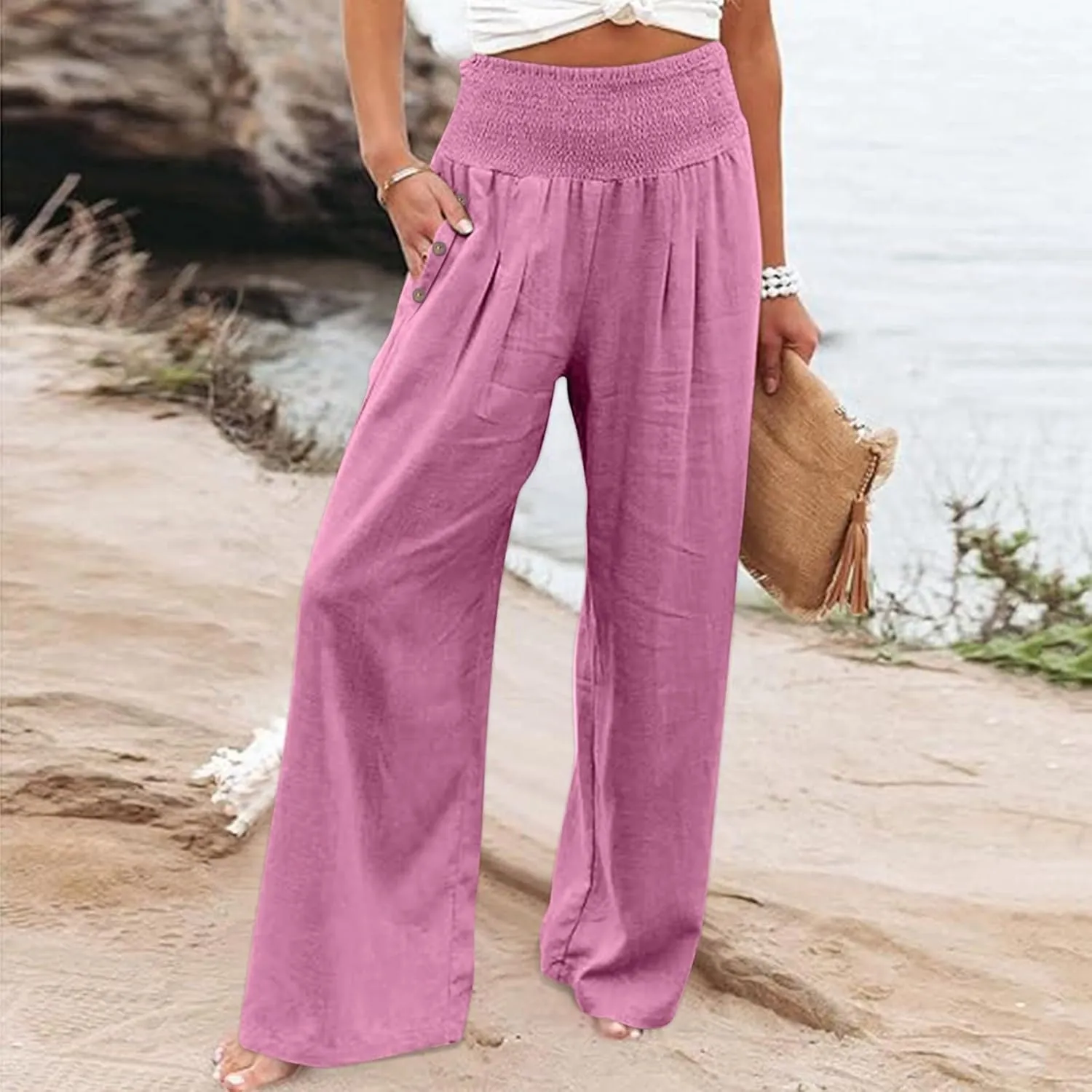 Women's Casual Linen Palazzo Pants Smocked Elastic Waist Summer Boho Wide Leg Long Flowy Lounge Trousers with Pockets