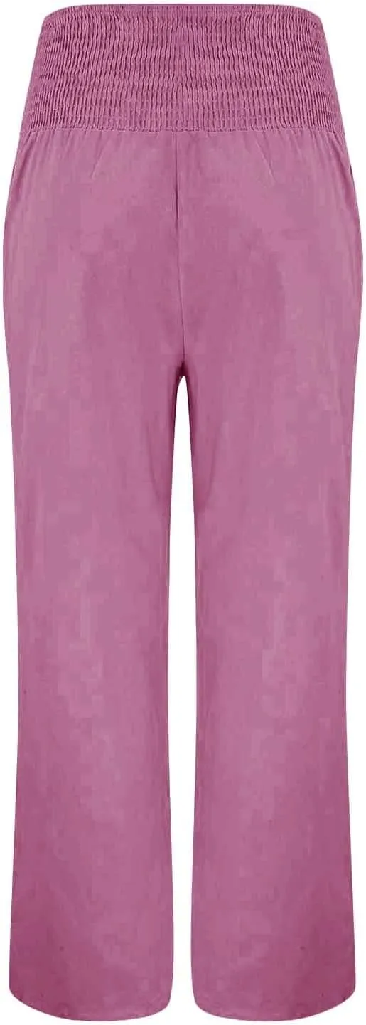 Women's Casual Linen Palazzo Pants Smocked Elastic Waist Summer Boho Wide Leg Long Flowy Lounge Trousers with Pockets