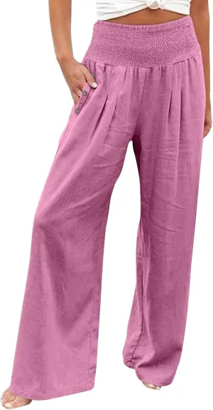 Women's Casual Linen Palazzo Pants Smocked Elastic Waist Summer Boho Wide Leg Long Flowy Lounge Trousers with Pockets
