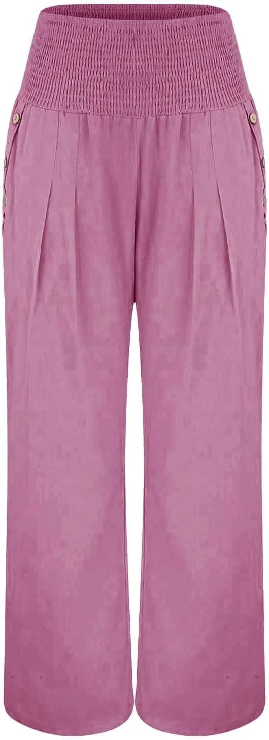 Women's Casual Linen Palazzo Pants Smocked Elastic Waist Summer Boho Wide Leg Long Flowy Lounge Trousers with Pockets