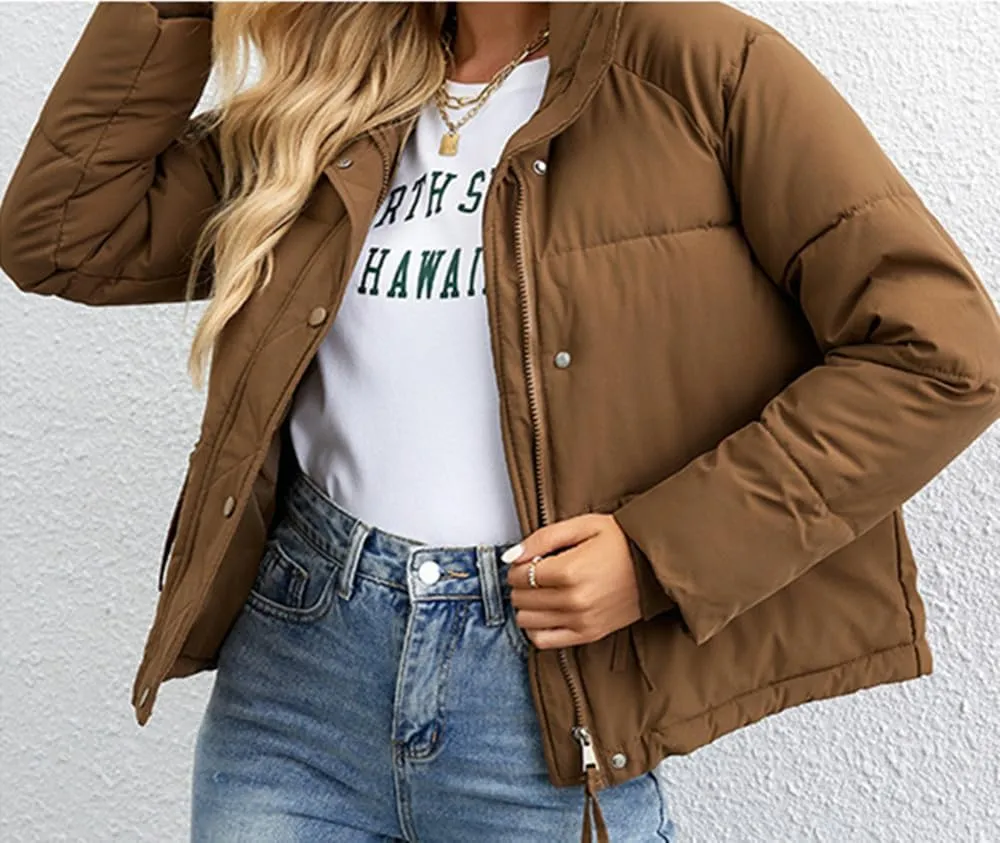 Women's Casual Stand Collar Zipper Down Cotton Jackets Baggy Short Padded Coats Winter