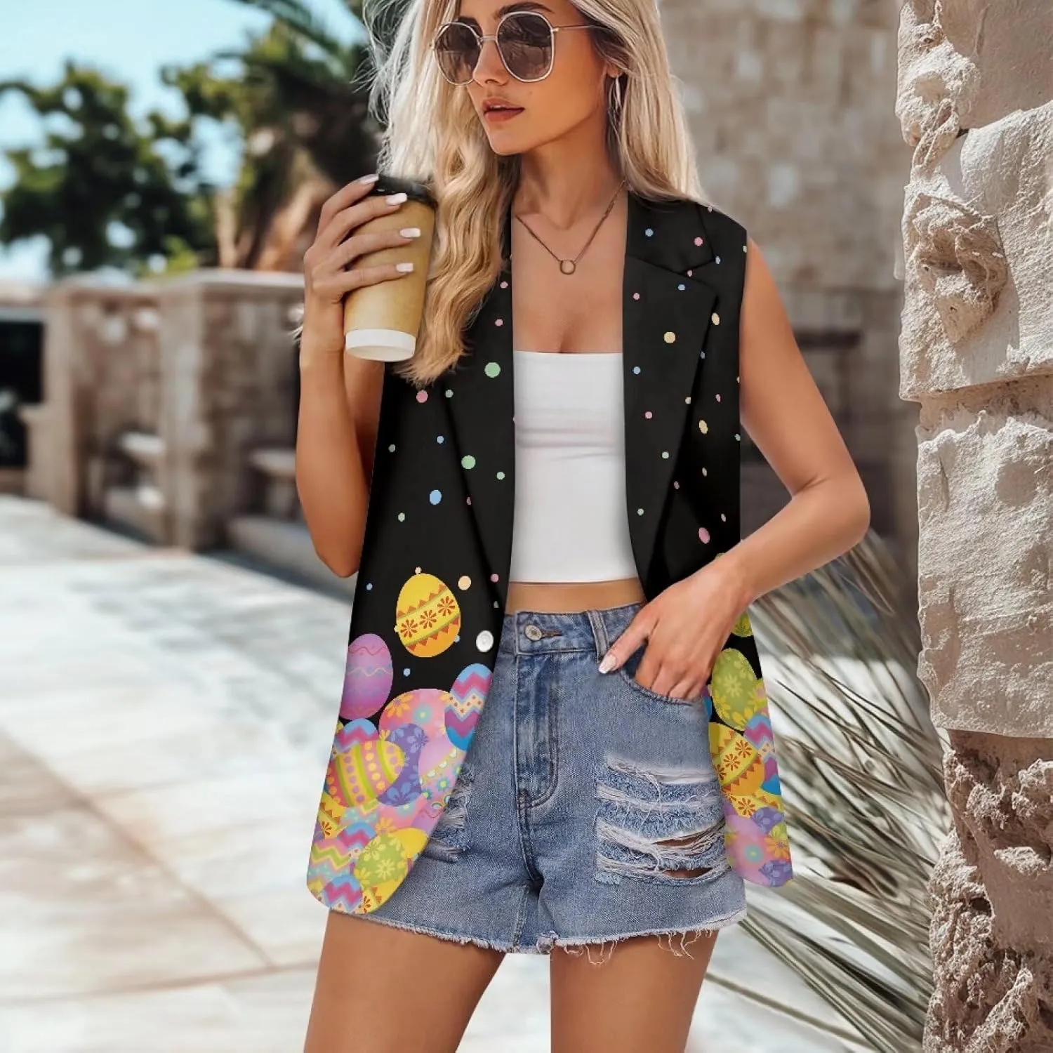 Womens Casual Suit Loose Fit One Button Waistcoat Sleeveless Blazer Jacket Dressy Suit Jacket
