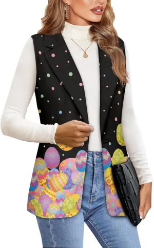 Womens Casual Suit Loose Fit One Button Waistcoat Sleeveless Blazer Jacket Dressy Suit Jacket