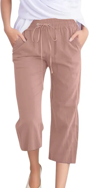 Womens Cotton Linen Capri Pants Casual Summer Pants Plus Size Drawstring Elastic Waist Cropped Trouser with Pockets