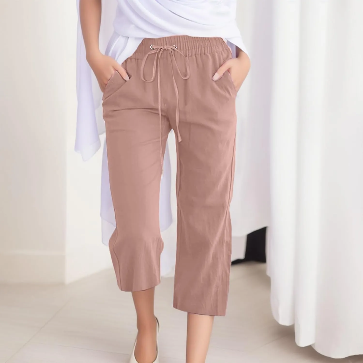 Womens Cotton Linen Capri Pants Casual Summer Pants Plus Size Drawstring Elastic Waist Cropped Trouser with Pockets