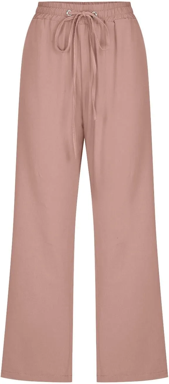 Womens Cotton Linen Capri Pants Casual Summer Pants Plus Size Drawstring Elastic Waist Cropped Trouser with Pockets
