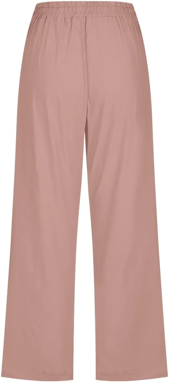 Womens Cotton Linen Capri Pants Casual Summer Pants Plus Size Drawstring Elastic Waist Cropped Trouser with Pockets