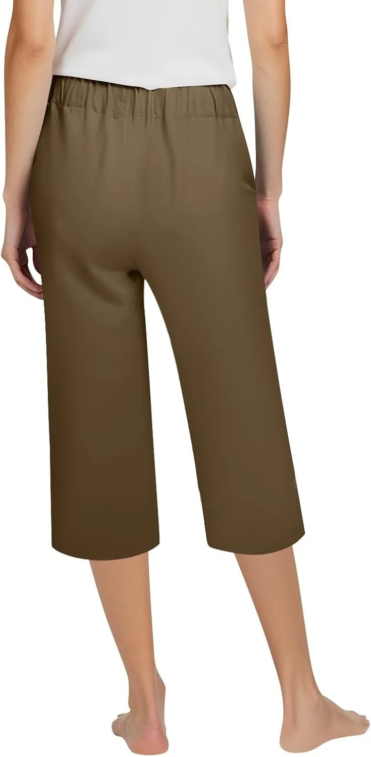 Womens Cotton Linen Capri Pants Summer Casual Elastic Waist Capris 2025 Comfy Cropped Trouser with Pockets