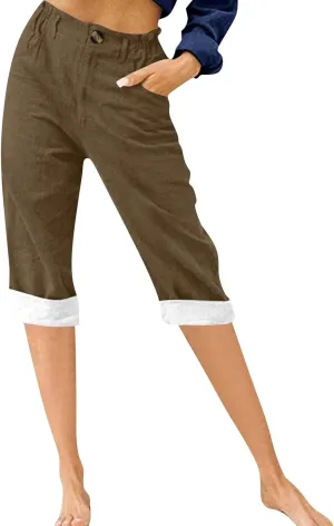 Womens Cotton Linen Capri Pants Summer Casual Elastic Waist Capris 2025 Comfy Cropped Trouser with Pockets