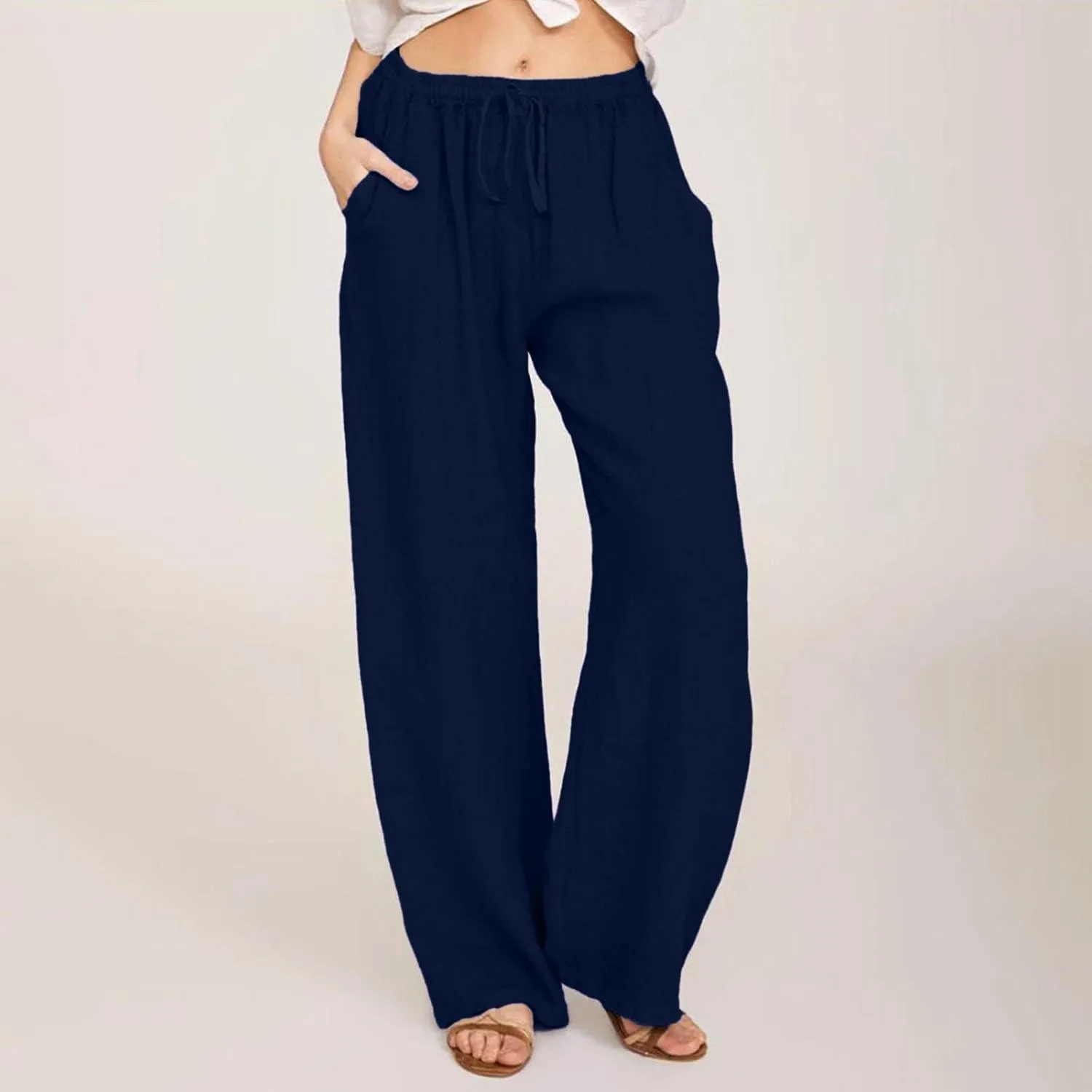 Womens Cotton Linen Palazzo Pants Plus Size Drawstring Elastic Waist Casual Wide Leg Trousers Palazzo Beach Pants