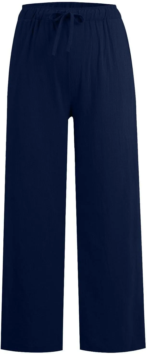 Womens Cotton Linen Palazzo Pants Plus Size Drawstring Elastic Waist Casual Wide Leg Trousers Palazzo Beach Pants