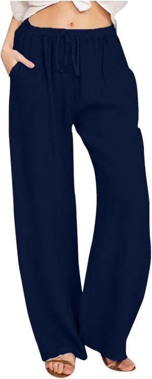 Womens Cotton Linen Palazzo Pants Plus Size Drawstring Elastic Waist Casual Wide Leg Trousers Palazzo Beach Pants