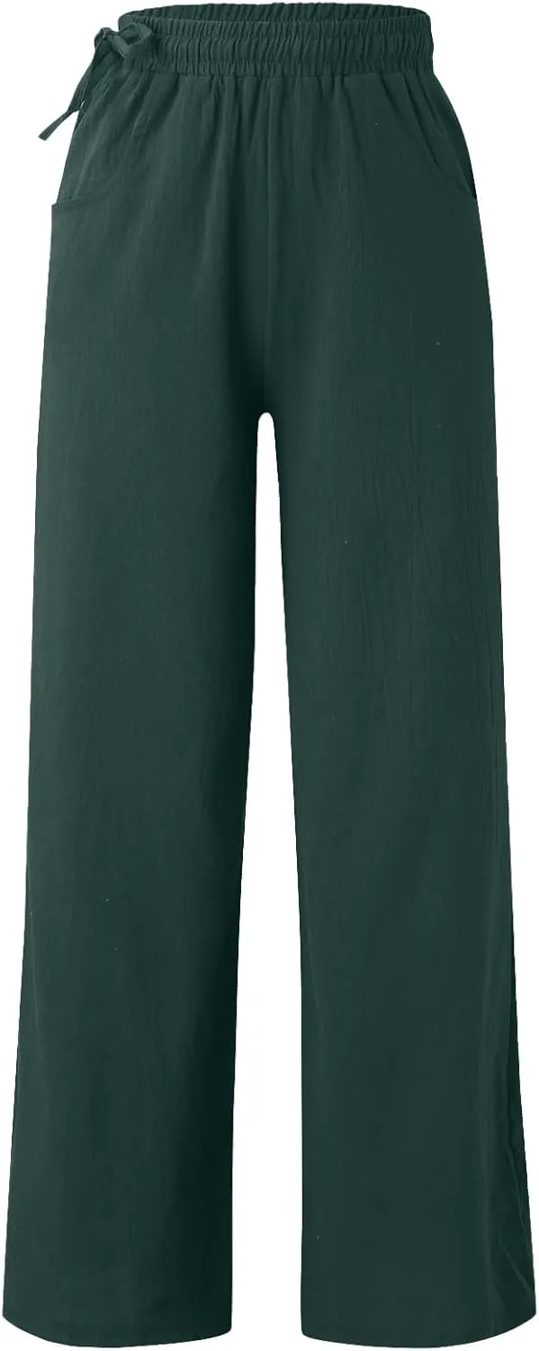 Womens Cotton Linen Palazzo Pants Summer Lightweight Elastic Waist Casual Wide Leg Trousers with Pockets