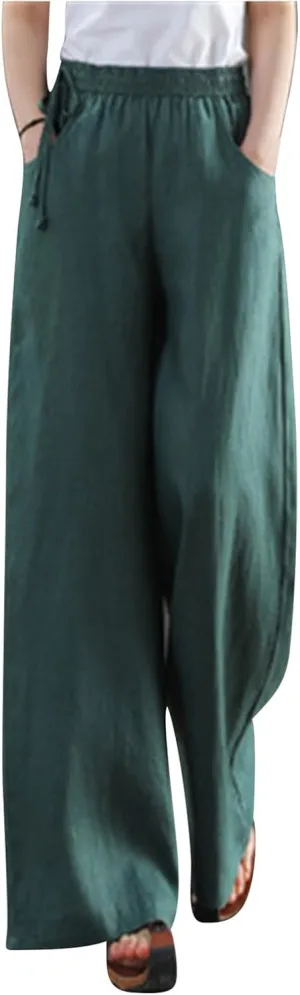 Womens Cotton Linen Palazzo Pants Summer Lightweight Elastic Waist Casual Wide Leg Trousers with Pockets