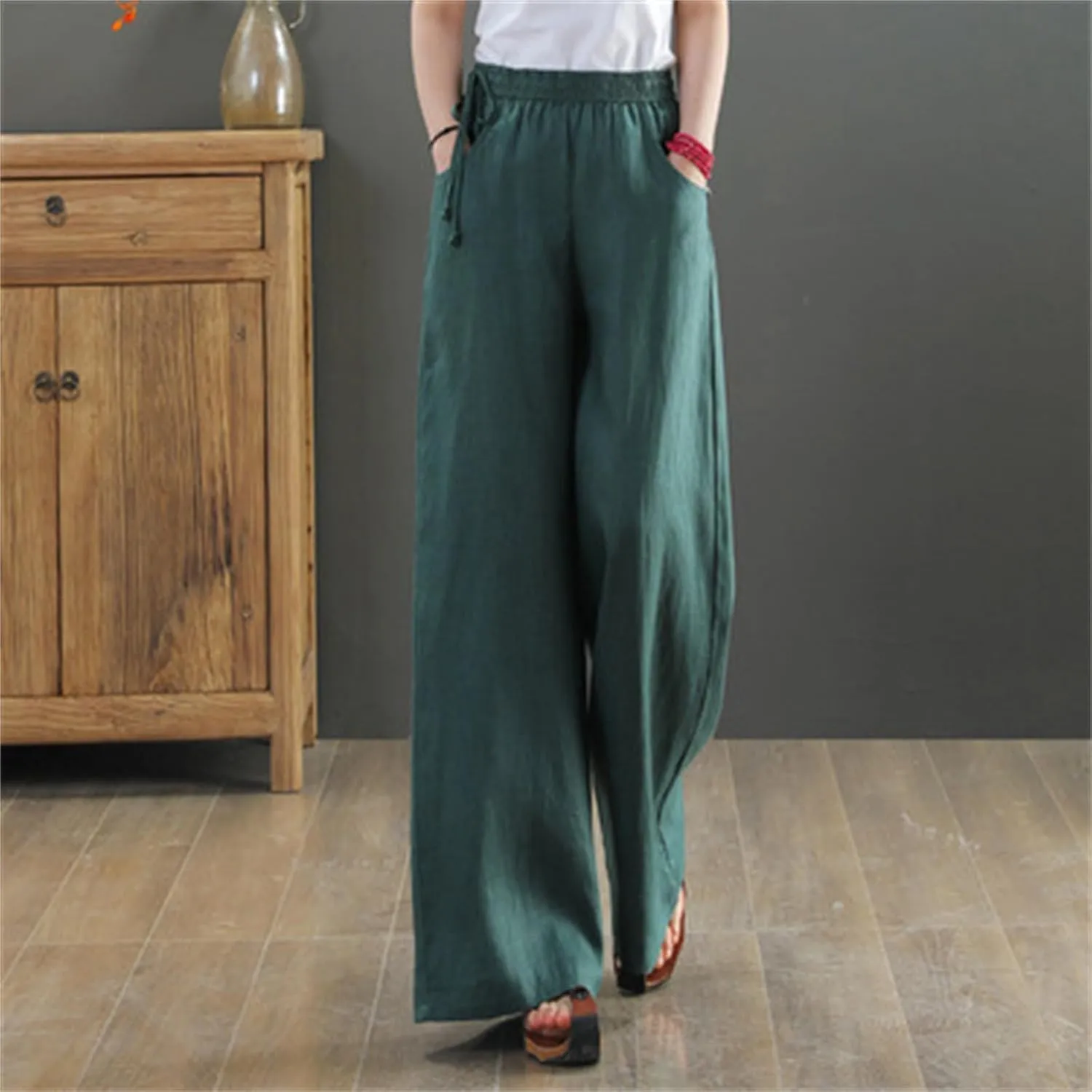 Womens Cotton Linen Palazzo Pants Summer Lightweight Elastic Waist Casual Wide Leg Trousers with Pockets