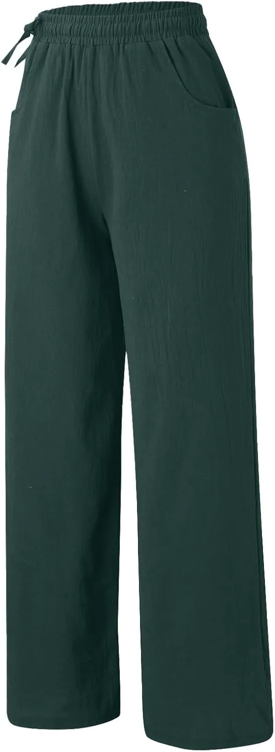Womens Cotton Linen Palazzo Pants Summer Lightweight Elastic Waist Casual Wide Leg Trousers with Pockets