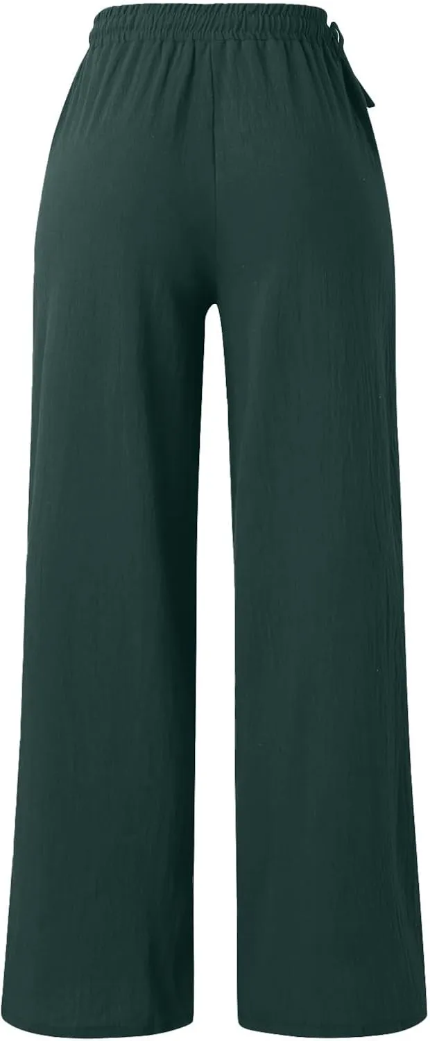 Womens Cotton Linen Palazzo Pants Summer Lightweight Elastic Waist Casual Wide Leg Trousers with Pockets