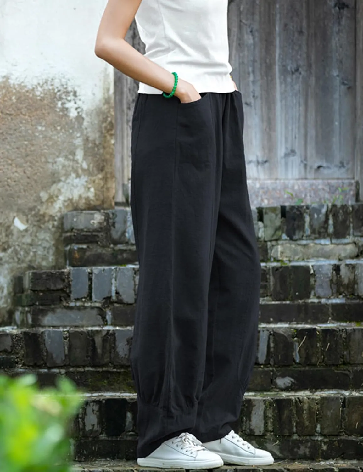 Women's Cotton Linen Pants Casual Elastic Waist Relax Fit Lantern Trouser Baggy Pants with Pockets