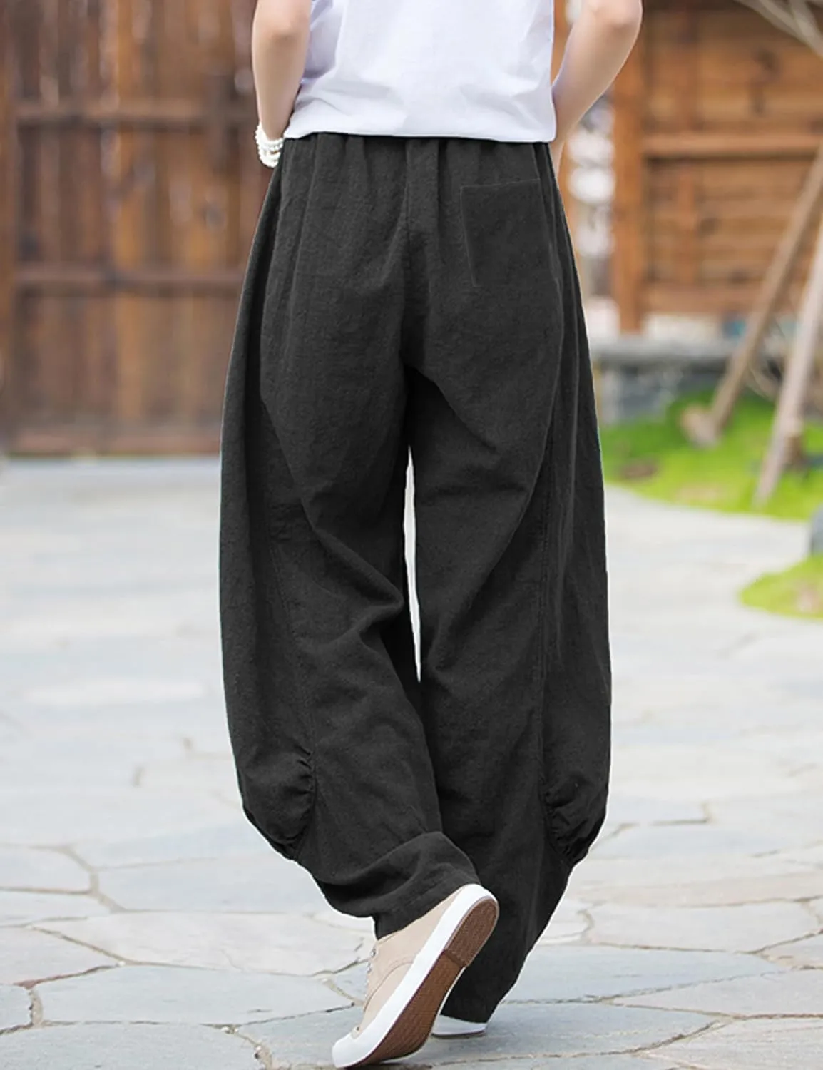 Women's Cotton Linen Pants Casual Elastic Waist Relax Fit Lantern Trouser Baggy Pants with Pockets