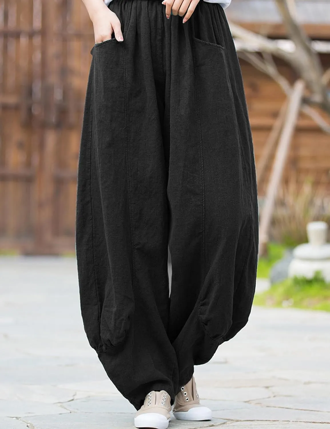 Women's Cotton Linen Pants Casual Elastic Waist Relax Fit Lantern Trouser Baggy Pants with Pockets