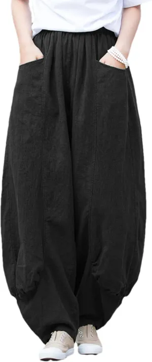 Women's Cotton Linen Pants Casual Elastic Waist Relax Fit Lantern Trouser Baggy Pants with Pockets