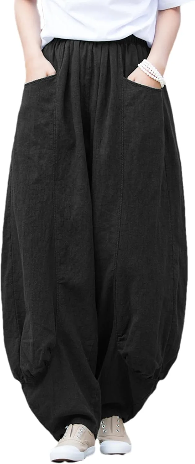 Women's Cotton Linen Pants Casual Elastic Waist Relax Fit Lantern Trouser Baggy Pants with Pockets