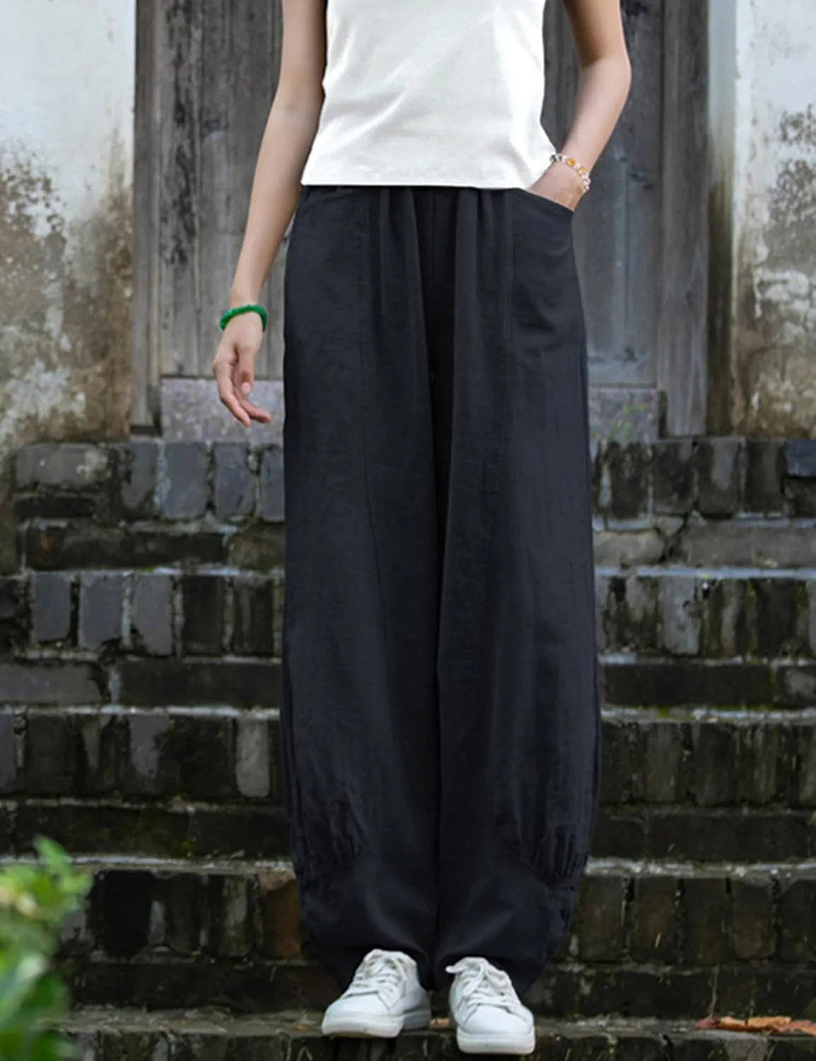 Women's Cotton Linen Pants Casual Elastic Waist Relax Fit Lantern Trouser Baggy Pants with Pockets