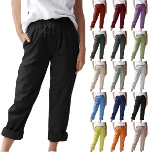 Womens Cotton Linen Pants Drawstring Elastic Waist Loose 2025 Summer Pants Lightweight Casual Comfy Long Trousers