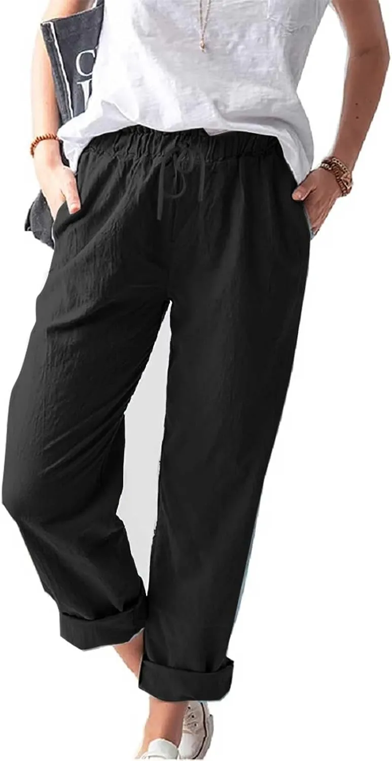 Womens Cotton Linen Pants Drawstring Elastic Waist Loose 2025 Summer Pants Lightweight Casual Comfy Long Trousers